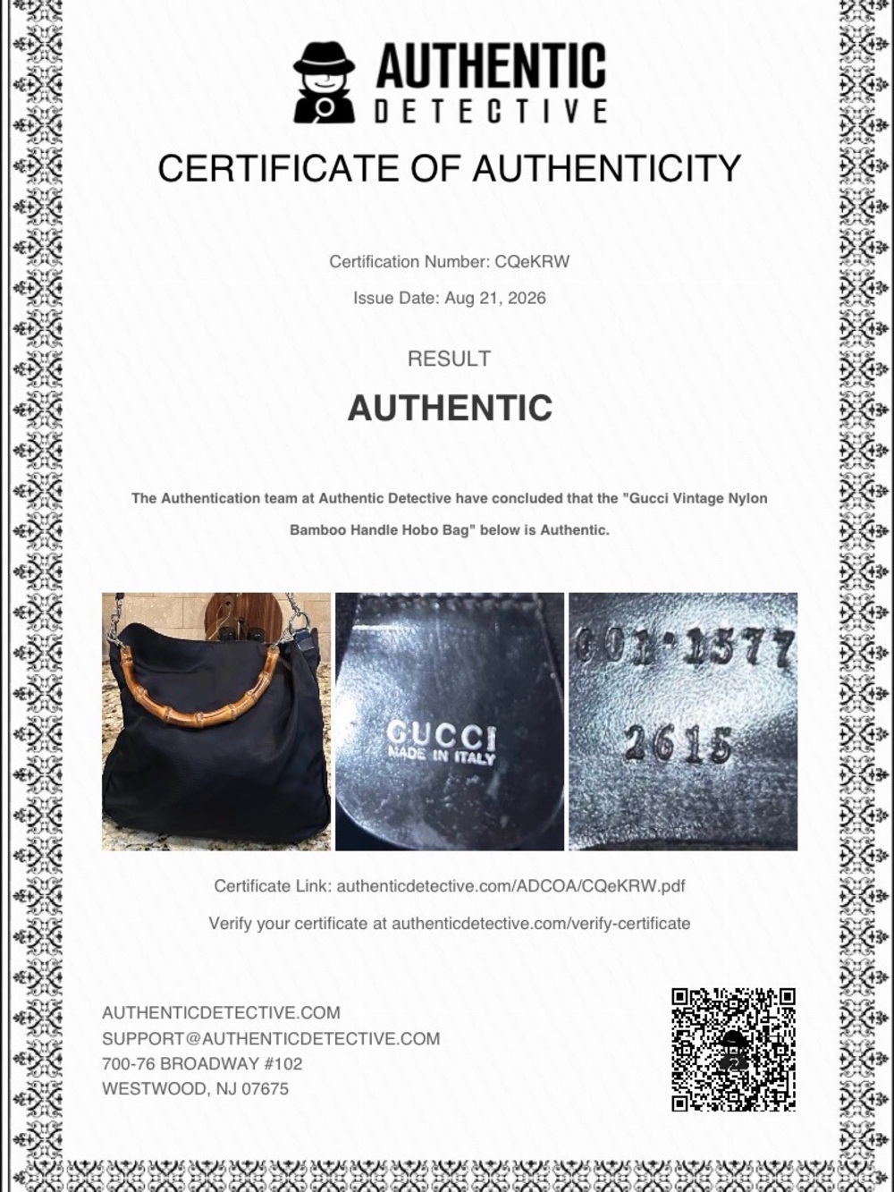 Gucci Two-Way Hobo Bag w/ Bamboo Handle  Black Nylon and Leather Trim coa - Picture 10 of 10